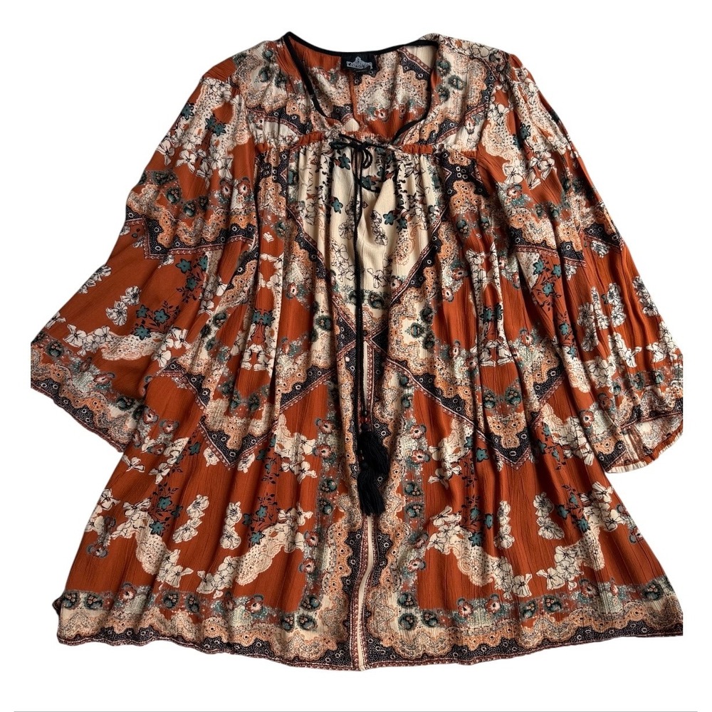 Angie Womens 1X Rust Orange Paisley Floral Boho Tassel Tie Front Peasant Tunic